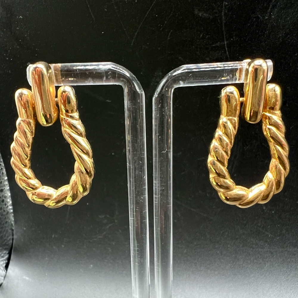 Vintage Gold Tone Door Knocker Pierced Earrings Twisted Rope